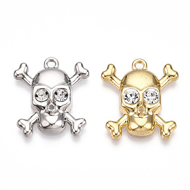 Rack Plating Alloy Rhinestone Pendants, Cadmium Free & Nickel Free & Lead Free, Skull Charms