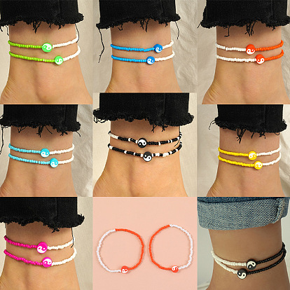 2шт. наборы эластичных браслетов на ногу из полимерной глины и стеклянных бусин инь-янь для женщин