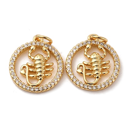 Латунные микро проложить кубического циркония подвески, плоские круглые со Скорпионом, долговечный, без кадмия и без свинца, стойки покрытие, с целью перехода в кольце