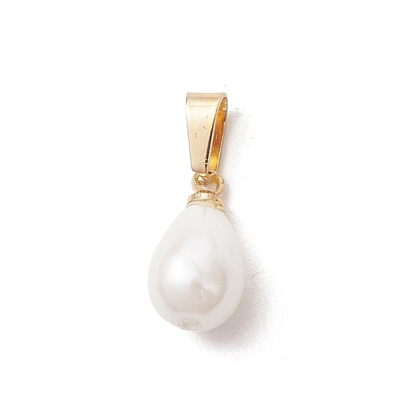 Оболочки жемчужина подвески, Подвески в форме капли с 304 защелкивающимися креплениями из нержавеющей стали, белые