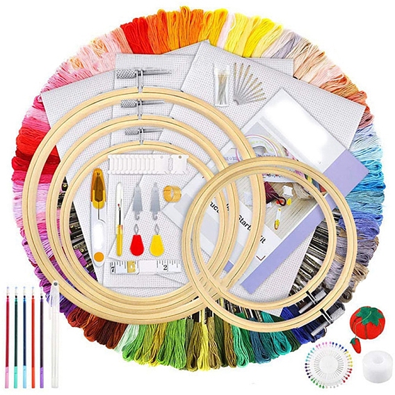 DIY Cross Stitch Kits, including Bamboo Embroidery Hoops, 6-Ply Embroidery Thread, Needle, Embroidery Fabric, Scissor, Pen, Tape Measure, Pin Cushion, Threader
