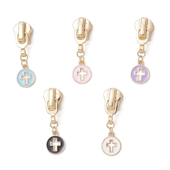 Ползунки на молнии из сплава, с подвесками из эмали и сплава , плоские круглые с крестом