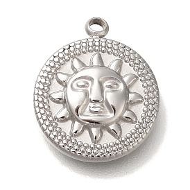 Anti-Tarnish 304 Stainless Steel Charms, Flat Round with Sun Charm