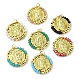 Rack Plating Brass pendants, with Glass Beads, Lead Free & Cadmium Free, Flat Round with Saint Charm