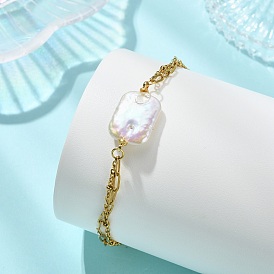 304 Браслеты из двух слоев: цепочка из нержавеющей стали и цепочка из скрепки., Прямоугольные браслеты из натурального жемчуга кеши для женщин