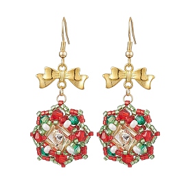 Christmas Theme Flower Glass Seed Beaded Dangle Earrings for Women, with Alloy Bowknot Findings