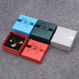 Bowknot Print Kraft Paper Cardboard Jewelry Necklace Gift Boxes, Square with Sponge Inside