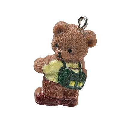 Opaque Resin Pendants, Teddy Bear with with Backpack Charm, with Platinum Tone Iron Loop