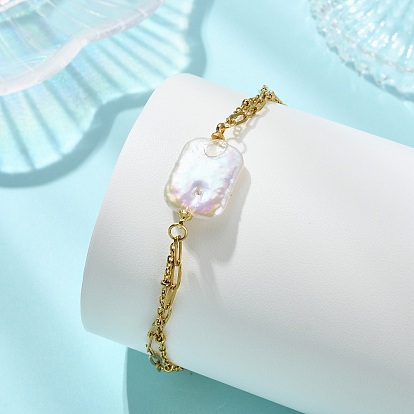 304 Браслеты из двух слоев: цепочка из нержавеющей стали и цепочка из скрепки., Прямоугольные браслеты из натурального жемчуга кеши для женщин