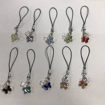 10pcs sangles mobiles en alliage de verre, avec bouchons anti-poussière mobiles en plastique, papillon