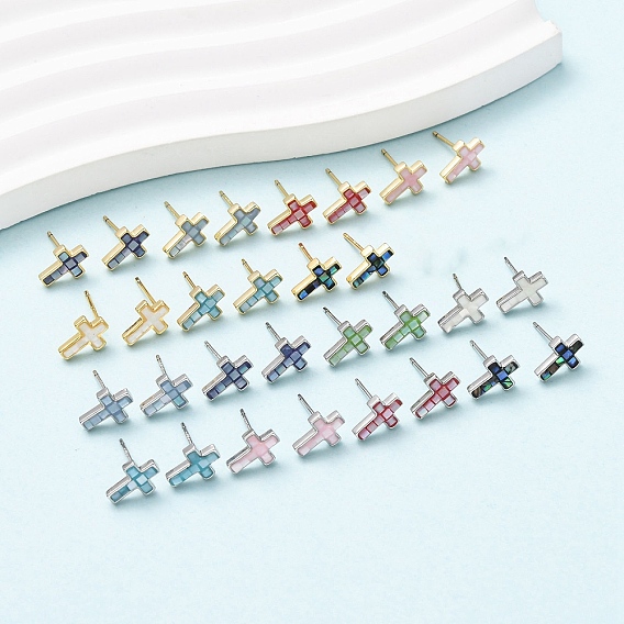 Серьги-гвоздики с латунной эмалью в виде креста, с ракушками и булавками из стерлингового серебра, долговечный, без кадмия, без никеля и без свинца