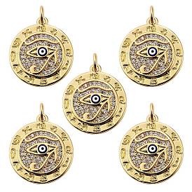 5Pcs Brass Micro Pave Clear Cubic Zirconia Pendants, with Enamel & Jump Rings, Long-Lasting Plated, for Religion, Flat Round with The Eye of Ra/Re