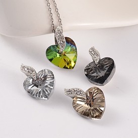 Coeur facettes charmes de verre en laiton, avec strass, platine, 14x14x8mm, Trou: 4x5.5mm
