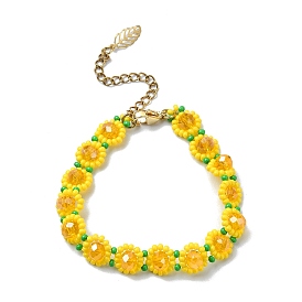 Sunflower Woven Glass Beaded Bracelets, with 304 Stainless Steel Chain Extenders