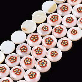 Natural Freshwater Shell Enamel Beads, Flat Round with Flower