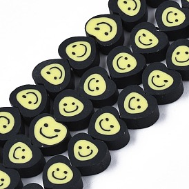 Handmade Polymer Clay Bead Strands, Halloween Style, Heart with Smiling Face