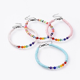Handmade Polymer Clay Beaded Bracelets, with Natural & Malaysia Jade(Dyed) Beads and 304 Stainless Steel Findings