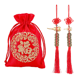 Nbeads 3Pcs 3 Style Tassel Pendant Decorations, with Alloy Gourd & Copper Cash Finding, Chinese Knot, for Car Decoration, with Polyester Storage Bag