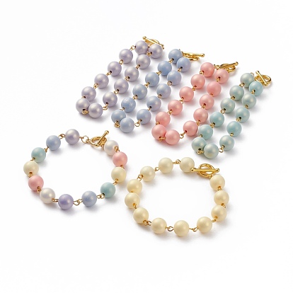 Spray Painted Style Round Acrylic Beaded Bracelets, Rubberized, with Golden Plated Alloy Toggle Clasps