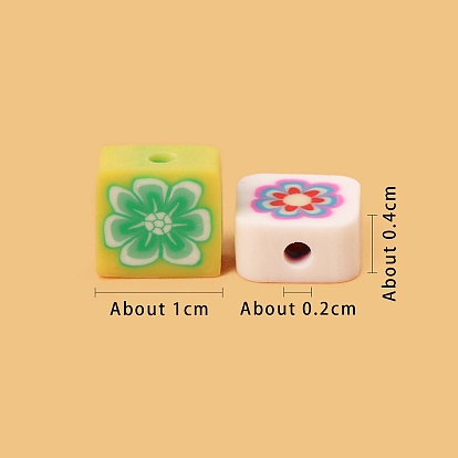 Handmade Polymer Clay Beads, for DIY Jewelry Crafts Supplies, Square with Flower