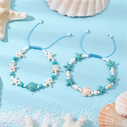Плетеные браслеты из бусин из окрашенной синтетической бирюзы и магнезита для женщин, морская звезда и раковина, со стеклянными бисеринами