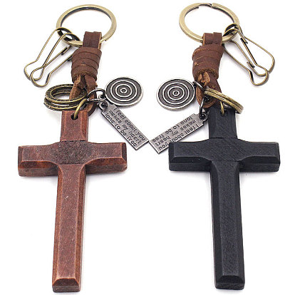 Wood Cross Pendant Keychain, with Alloy Findings and Cowhide