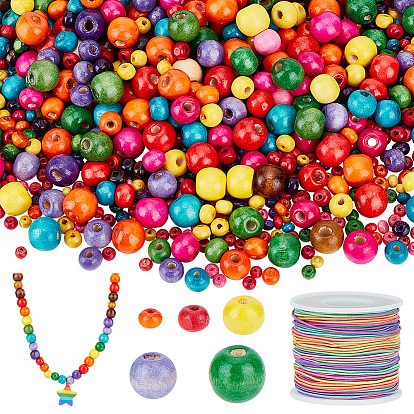 3460шт 5 стили крашеные натуральные деревянные круглые бусины, с 1 рулонным эластичным шнуром из окрашенного полиэстера с круглыми сегментами