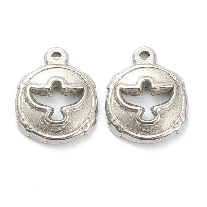 Pendentifs en acier inoxydable, plat rond avec oiseau creux