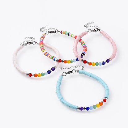 Handmade Polymer Clay Beaded Bracelets, with Natural & Malaysia Jade(Dyed) Beads and 304 Stainless Steel Findings