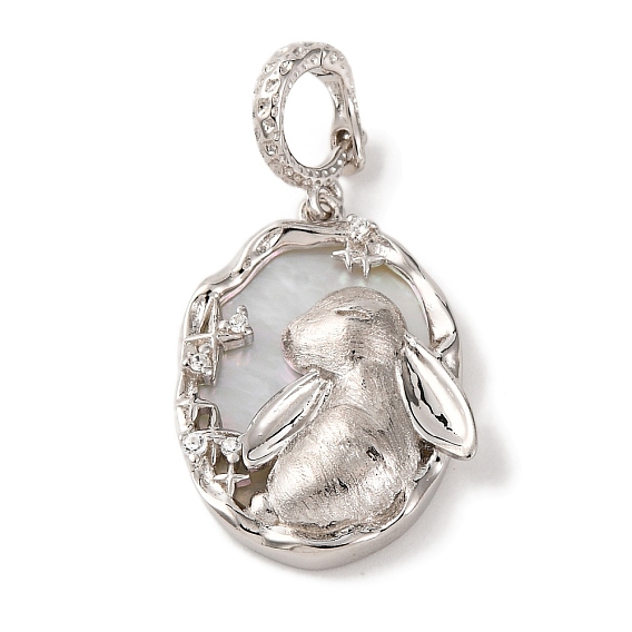 Rhodium Plated 925 Sterling Silver Pave Natural Shell Oval Pendants, Rabbit Charms with 925 Stamp