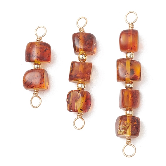 3шт. 3 стили, подвески-коннекторы из натурального янтаря в форме куба, с экологически чистыми петлями из медной проволоки