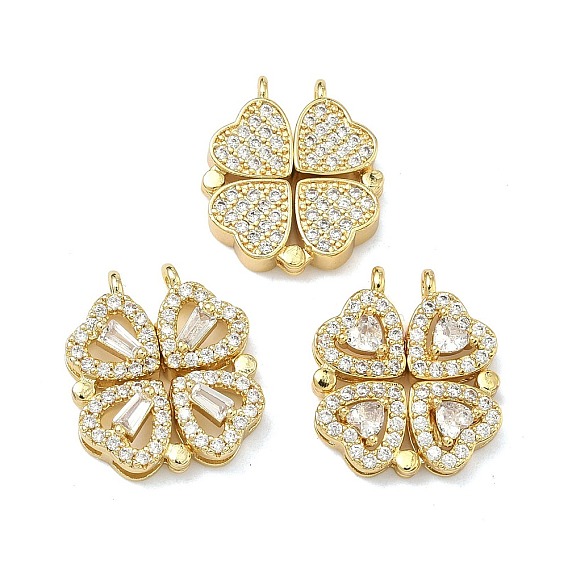 Подвески из латуни с микропаве и прозрачными кубическими циркониями ко Дню Святого Патрика, с магнитным, подвески в виде четырехлистного клевера, без свинца и без кадмия, стойки покрытие, долговечный