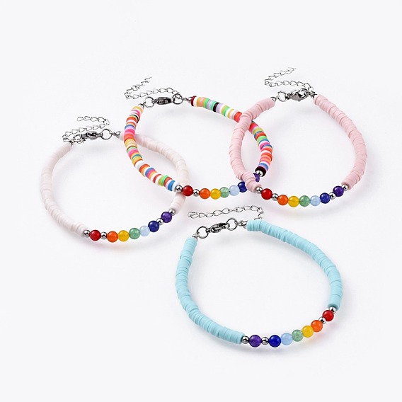 Handmade Polymer Clay Beaded Bracelets, with Natural & Malaysia Jade(Dyed) Beads and 304 Stainless Steel Findings