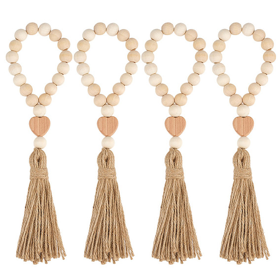 4шт. подвесные украшения из деревянных бусин, с подвесками из джутовых кисточек