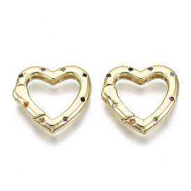 Brass Micro Pave Cubic Zirconia Spring Gate Rings, Heart, Nickel Free, Colorful