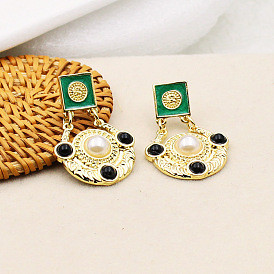 Плоские круглые с квадратными висячие серьги-гвоздики из сплава эмали, с пластиковой жемчужины, с 925 штырями стерлингового серебра