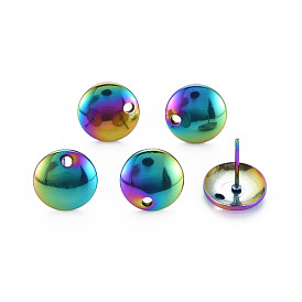 Rainbow Color 304 Stainless Steel Stud Earring Findings, with Hole, Flat Round