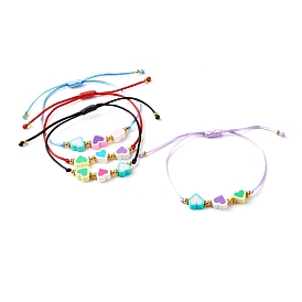 Bracelets réglables en fil de nylon, avec des perles de coeur en pâte polymère et des perles de fer faites à la main