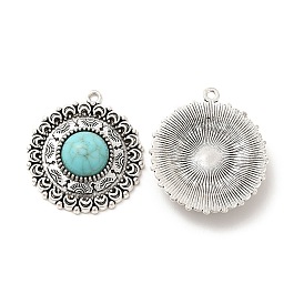 Retro Alloy Pendants, with Synthetic Turquoise, Flat Round Charms