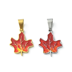304 Stainless Steel Manual Polishing Pendants, with Enamel and 201 Stainless Steel Clasp, Maple Leaf Charms