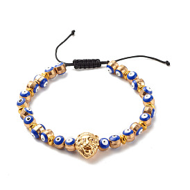 Braided Nylon Thread Bracelets, Adjustable Bracelets, with Alloy Enamel Evil Eye Beads, Brass Micro Pave Cubic Zirconia Lion Head Beads & Brass Spacer Beads