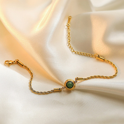Браслеты из латуни с инкрустацией зелеными авантюринами., браслеты из веревочных цепочек для женщин, плоско-круглые