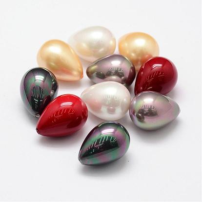 Rainbow Plated Shell Pearl Beads, Grade A, Drop, Half Drilled, 21x15mm, Hole: 1.2mm