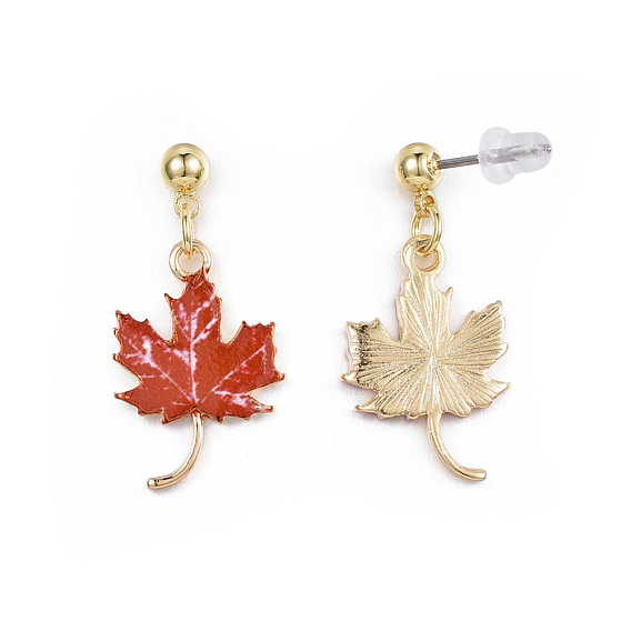 Autumn Theme Alloy Dangle Stud Earrings, with Enamel, Eco-Friendly Stainless Steel Pins and Ear Nuts, Printed, Maple Leaf