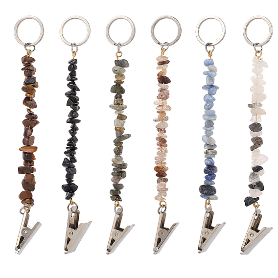 6шт. брелки из натуральных и синтетических драгоценных камней, с 304 кольцами из нержавеющей стали и железными зажимами