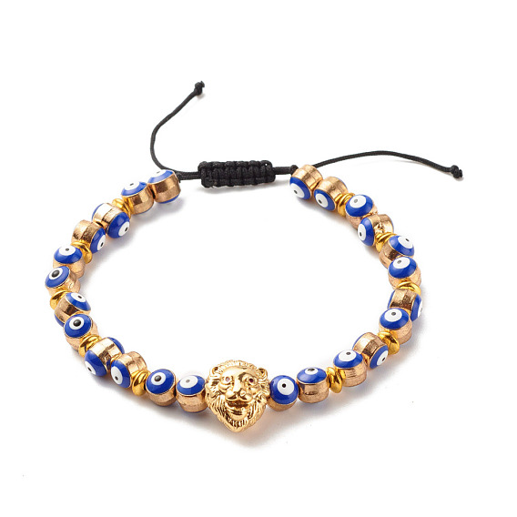 Braided Nylon Thread Bracelets, Adjustable Bracelets, with Alloy Enamel Evil Eye Beads, Brass Micro Pave Cubic Zirconia Lion Head Beads & Brass Spacer Beads