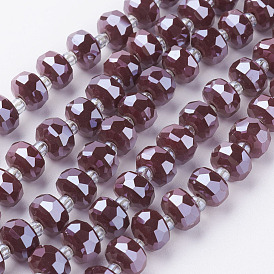 Electroplate Opaque Glass Beads Strands, Pearl Luster Plated, Faceted, Flat Round