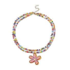 Transparent Printed Acrylic Flower Pendant Necklaces, Glass Beaded Double Strand Choker Necklace with 304 Stainless Steel Lobster Claw Clasps & Extender Chain, for Women