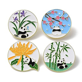 Panda with Plum Blossom/Orchid/Bamboo/Chrysanthemum Enamel Pins, Golden Zinc Alloy Cartoon Badge for Backpack Clothes