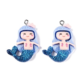 Opaque Resin Pendants, with Glitter Powder and Platinum Tone Iron Loops, Mermaid